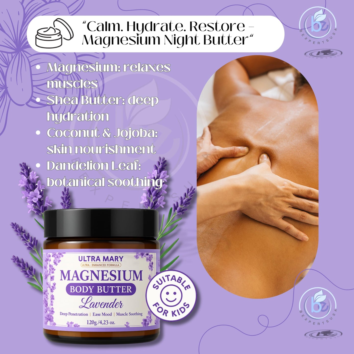 Magnesium Body Butter 4.23oz – Nighttime Lavender Cream – Natural & Vegan Lotion with Shea Butter, Jojoba Oil, Coconut Extract & Dandelion – Topical Relief for Muscle Tension – Kid-Friendly