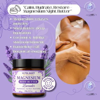 Magnesium Body Butter 4.23oz – Nighttime Lavender Cream – Natural & Vegan Lotion with Shea Butter, Jojoba Oil, Coconut Extract & Dandelion – Topical Relief for Muscle Tension – Kid-Friendly