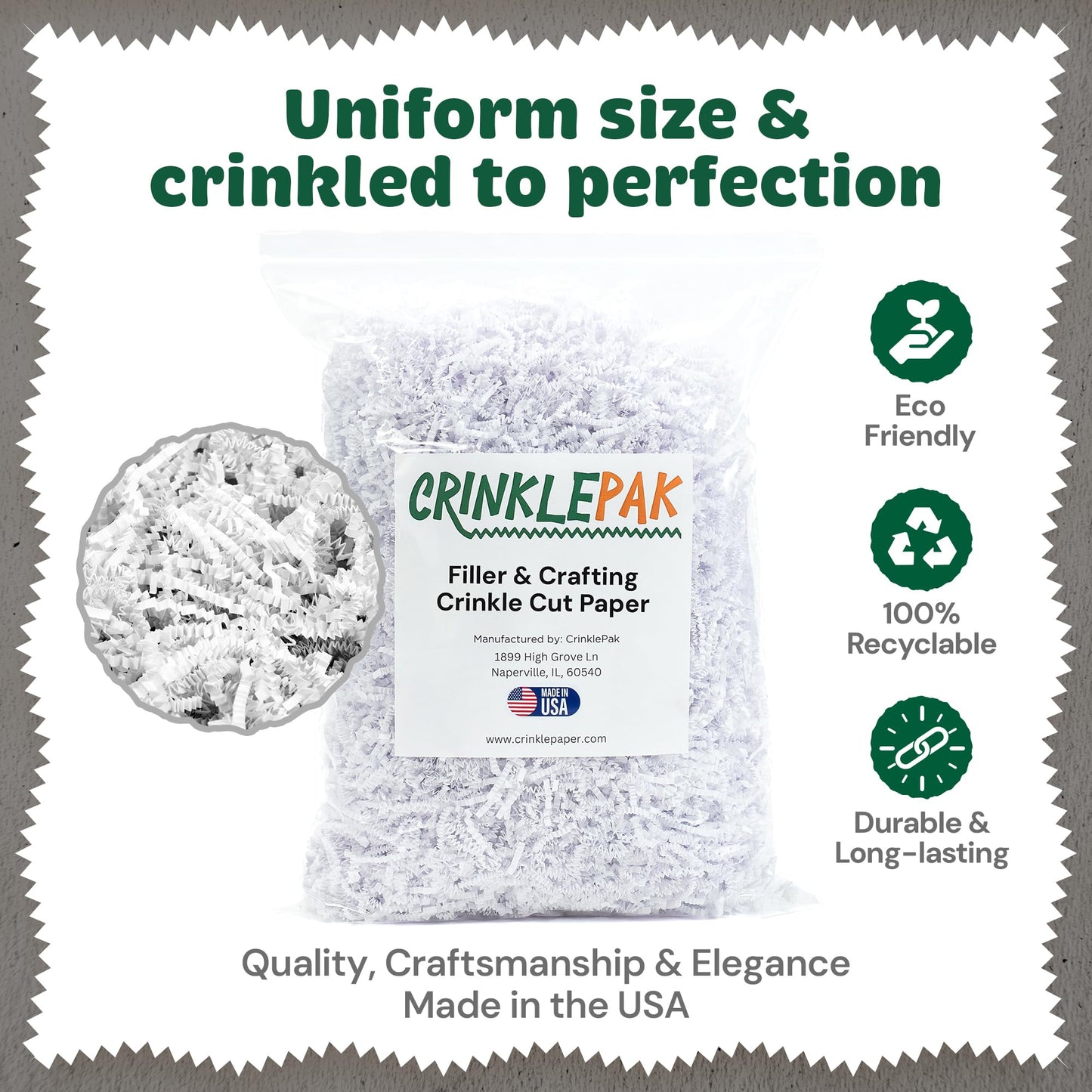 CrinklePak 1LB USA Made White Crinkle Paper Filler | Great Shredded Paper For Gift Baskets, Shipping Packages, Gift Box, Basket Filler, Birthdays, Weddings, Anniversaries | White Crinkle