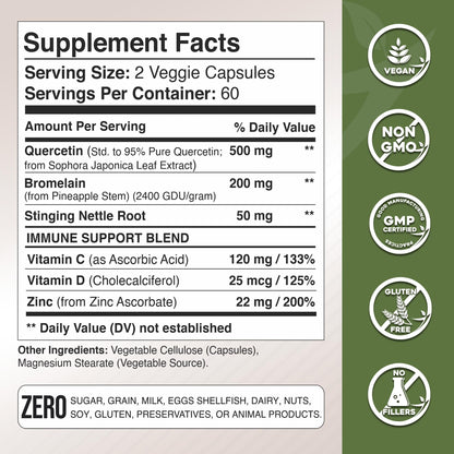 Quercetin with Vitamin C and Zinc - Nettle Quercetin - Quercetin 500mg - Quercetin with Bromelain - Zinc Quercetin + Vitamin D3 - 120 Veggie Caps - (Non-GMO, Gluten-Free, Vegan) - 2 Month Supply