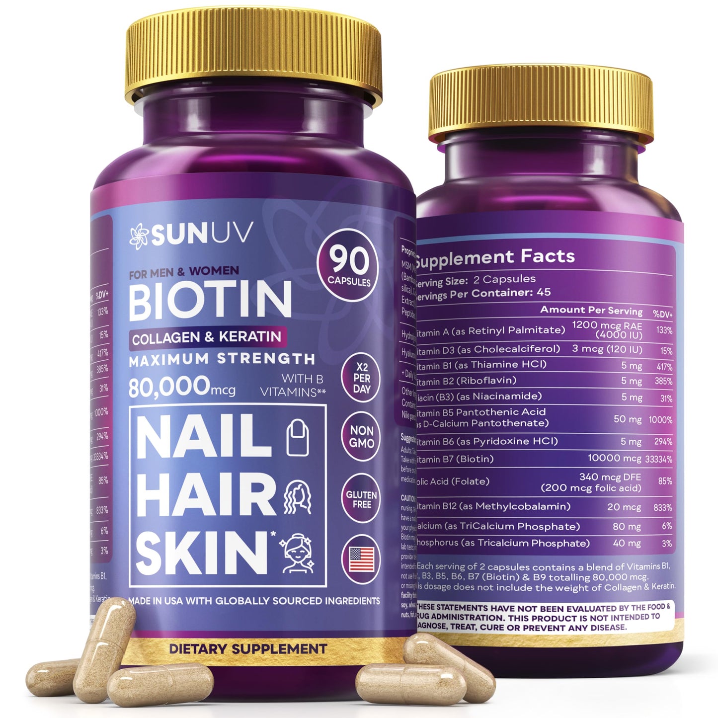 SUNUV Biotin 10,000mcg | Collagen | Keratin - 80,000mcg Hair Growth Vitamins for Women & Men,Skin & Nails Support - Hyaluronic Acid & Vitamins B1,B2,B3,B5,B6,B9,B12 -Made in USA-90 Capsules