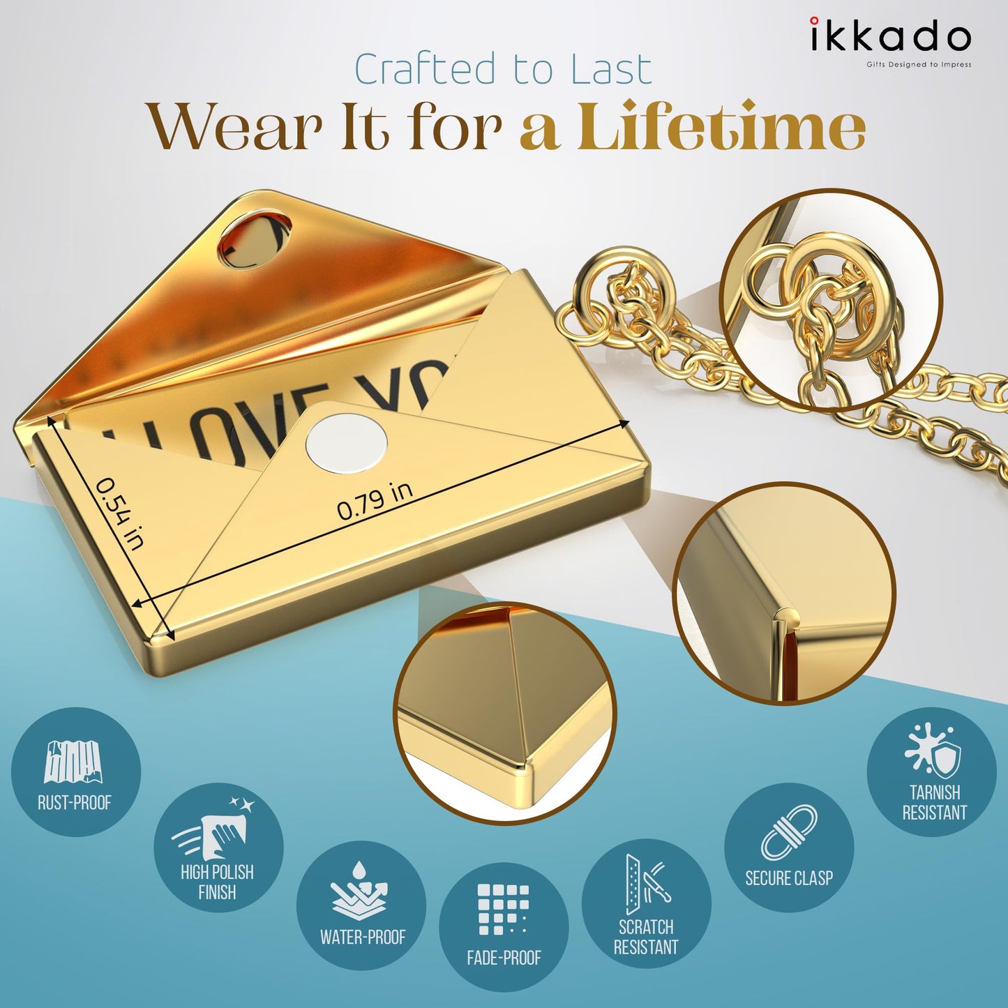 ikkado Custom Envelope Necklace with Love Letter Pendant – Personalised Locket Jewellery for Women – Gift for Birthday, Mother’s Day, Valentine’s, Christmas (Gold) Locally Made (USA)