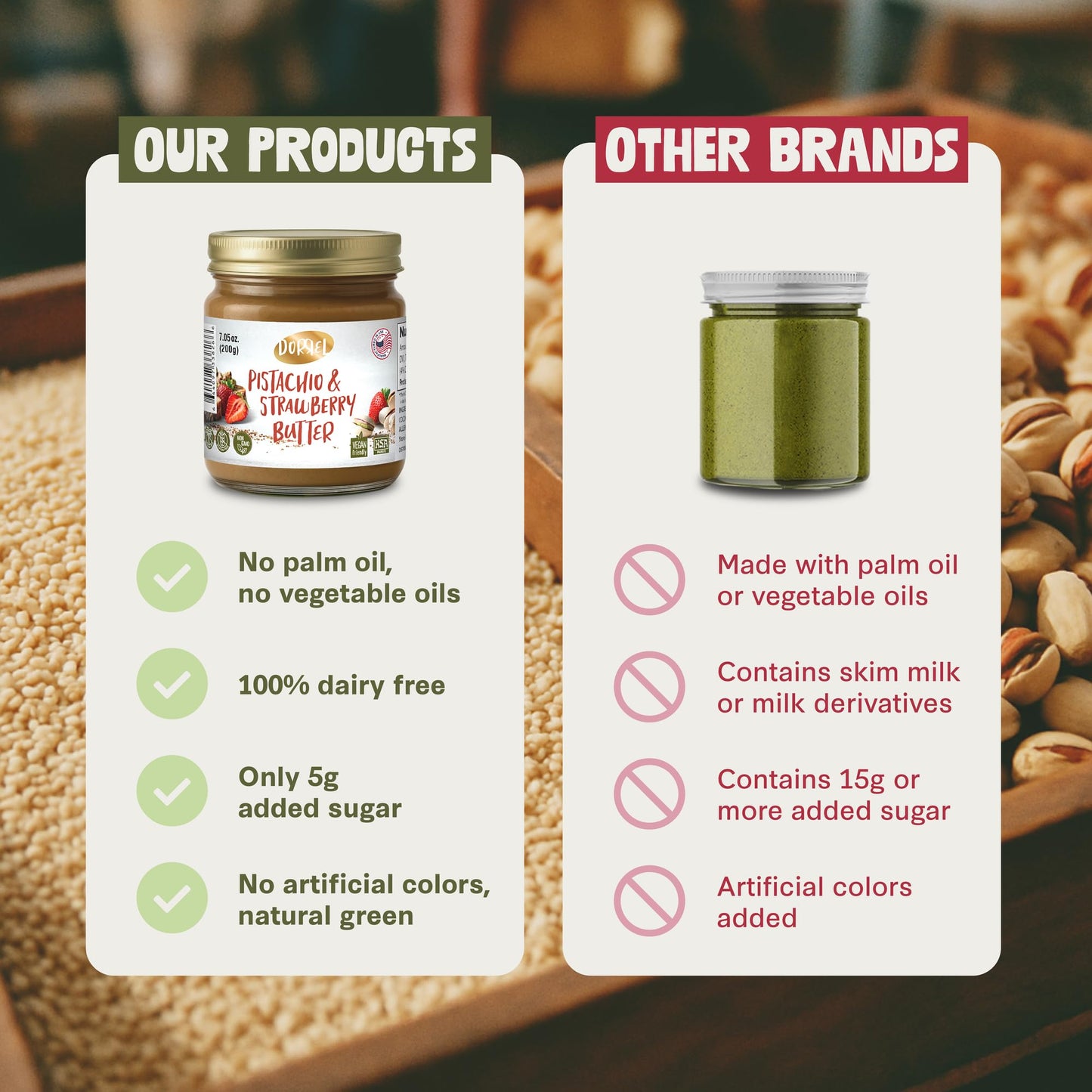 DORREL Pistachio & Strawberry Butter | Dairy-Free Vegan Spread | Made with 60% California Pistachios | Non-GMO | Kosher Pareve | Healthy Snack & Baking Spread (200g / 7.05oz)