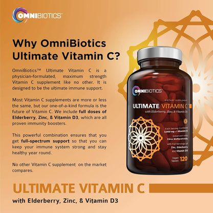OmniBiotics Ultimate Vitamin C Supplement 2000mg – with Zinc, Elderberry Extract, and D3 – High Potency Immune Support & Collagen Booster – 120 Vegan Tablets