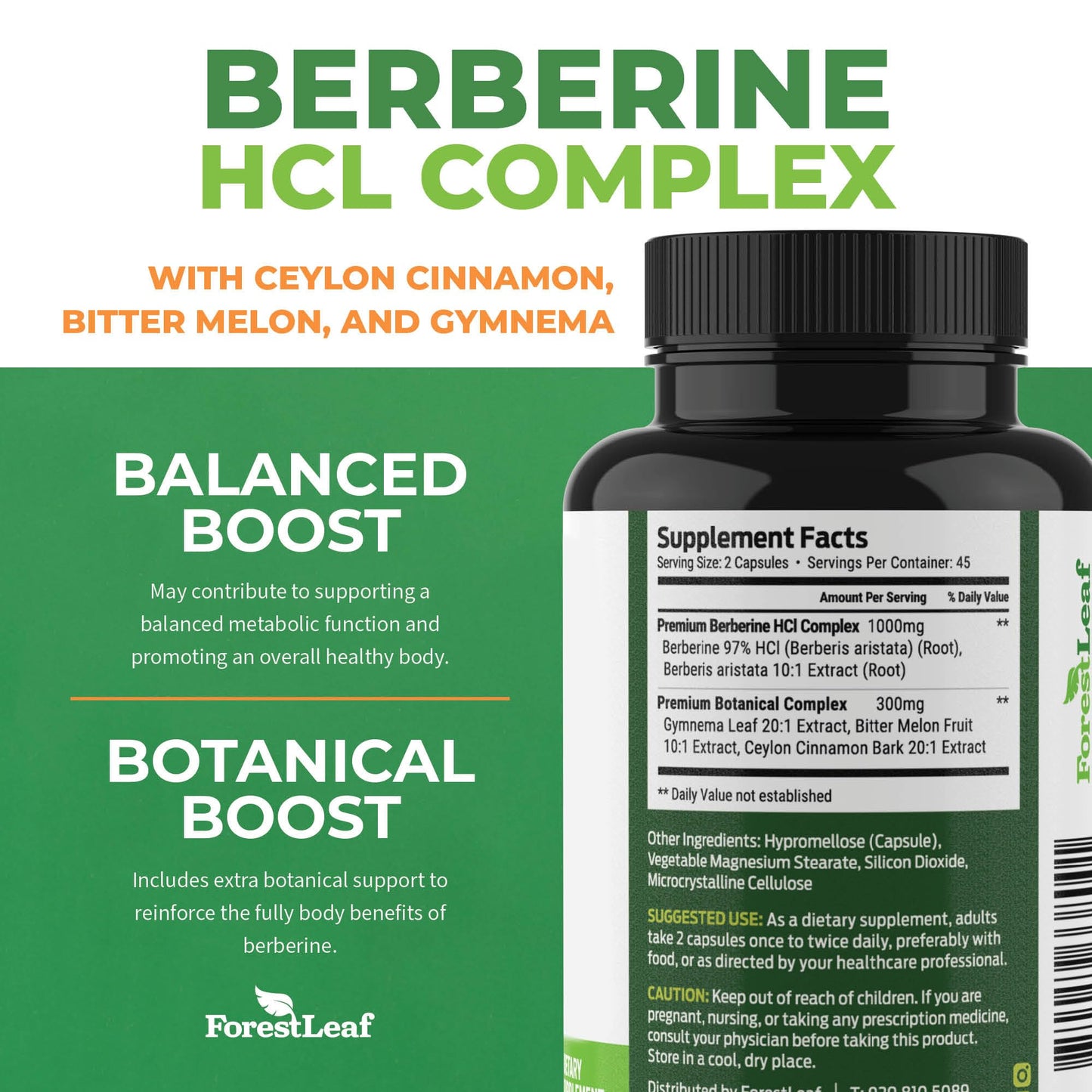 ForestLeaf Advanced Dual Berberine HCl Berberine Supplement 1300mg - 97% Tested Ultra High Potency Berberine with Ceylon Cinnamon, Bitter Melon & Gymnema (90 Count (Pack of 2))