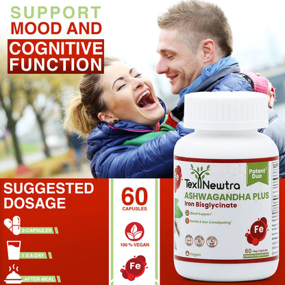 TEX NEWTRA Ashwagandha with Iron Bisglycinate - 300mg & Bioavailable Iron 10mg - 60 Capsules