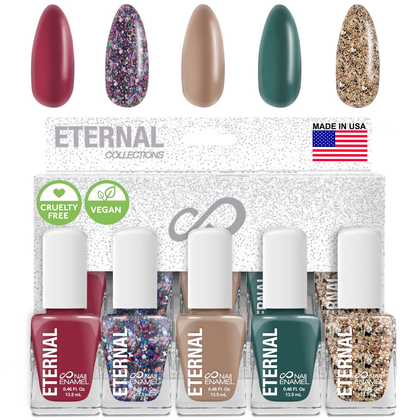 Eternal Glitter Nail Polish Set for Women - Gold Nail Polish Set for Girls | Long Lasting & Quick Dry Nail Polish Kit for Home DIY Manicure & Pedicure | Made in USA, 13.5mL (Set of 5)
