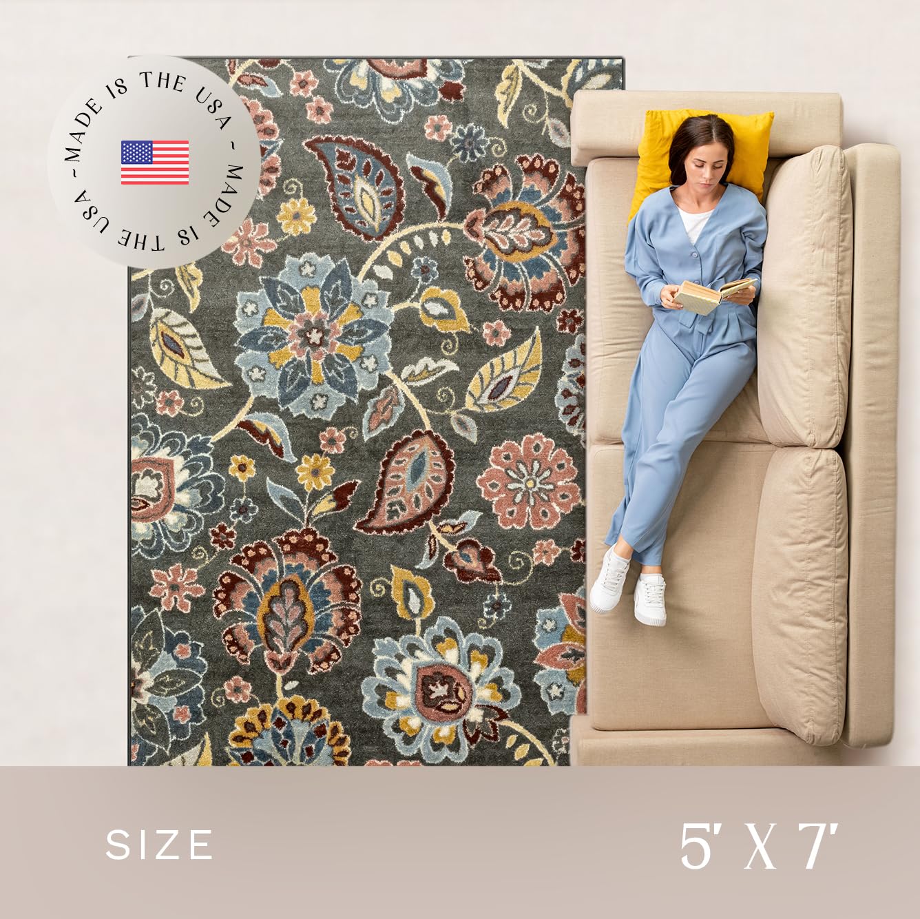 Maples Rugs Gardena Floral Area Rugs – Made in USA – Low Pile, Non Slip Pet–Friendly Mat for Bedroom, Office, Living & Dining Room, 5' x 7', Gray