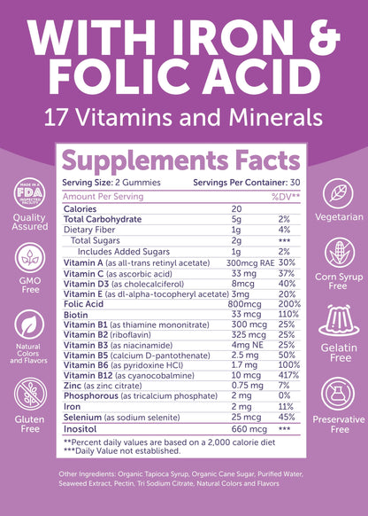 Lunakai USA Made Prenatal Vitamins for Women with Iron & Folic Acid - Delicious Prenatal Gummies, Non-GMO, Gelatin-Free, 60ct