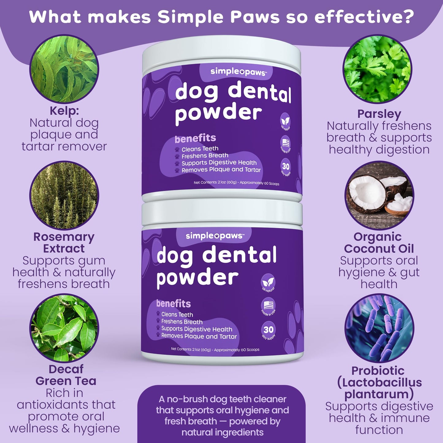 Dog Dental Powder for Teeth Cleaning - Dental Powder for Dogs Teeth – Prevent Dog Bad Breath with Probiotics for Fresh Breath & Oral Health – Chicken Flavored, 60 Scoop Supply