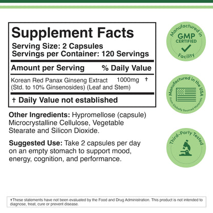 Ginseng Capsules (Korean Red Ginseng Extract, Panax Ginseng 10% Ginsenosides) (4 Month Supply) 240 Vegan Capsules - 1,000mg per Serving for Mood, Cognitive Function and Energy Support by Double Wood