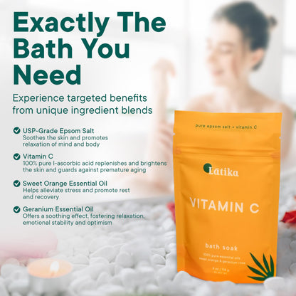 Latika Soaks Set of 3 - Vitamin C Bath Soaks with Sweet Orange and Geranium Rose - Moisturizing Epsom Salt Soaks for Stress Relief, Detox, and Antioxidant Skincare - at Home Spa Retreat