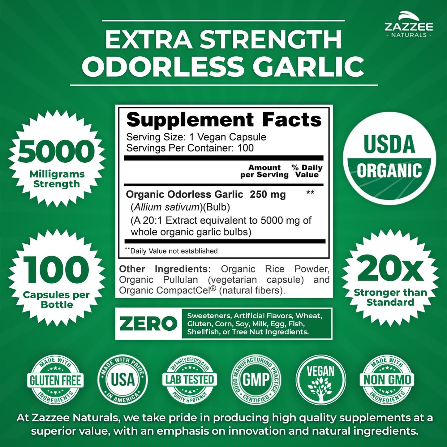 Zazzee USDA Organic Odorless Garlic 20:1 Extract, 5000 mg Strength, 100 Vegan Capsules, 3+ Month Supply, Standardized, Concentrated 20X Extract, 100% Vegetarian, All-Natural, Non-GMO, Made in The USA