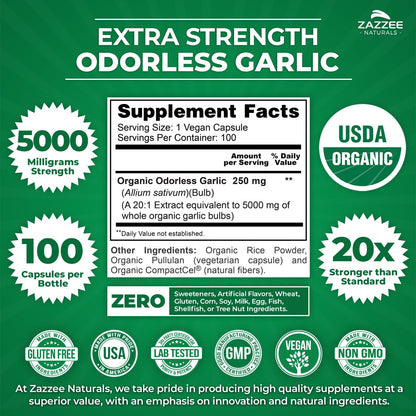 Zazzee USDA Organic Odorless Garlic 20:1 Extract, 5000 mg Strength, 100 Vegan Capsules, 3+ Month Supply, Standardized, Concentrated 20X Extract, 100% Vegetarian, All-Natural, Non-GMO, Made in The USA