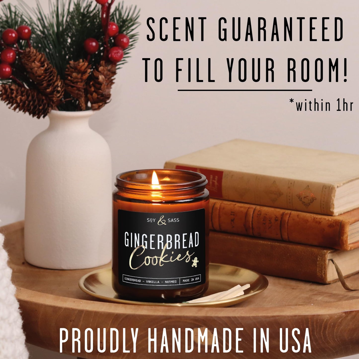 Gingerbread Candle, Christmas Candles Scented – ‘Gingerbread Cookies’ Soy Candle, w/Gingerbread, Cinnamon & Vanilla - Infused with Essential Oils I 9oz, 50Hr, Made in USA