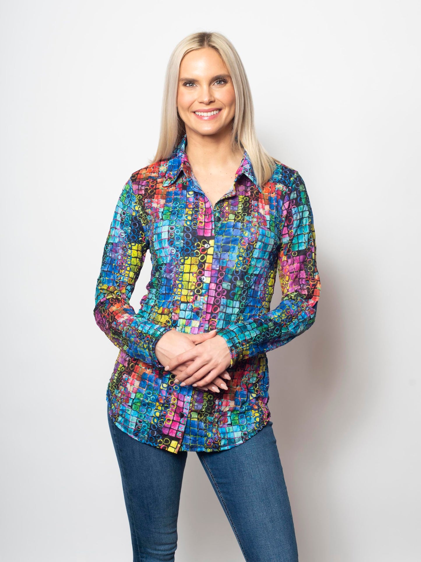 SNO SKINS Fall/Winter Collection Designer Print Crinkle Button-Down Shirt (Spectrum)