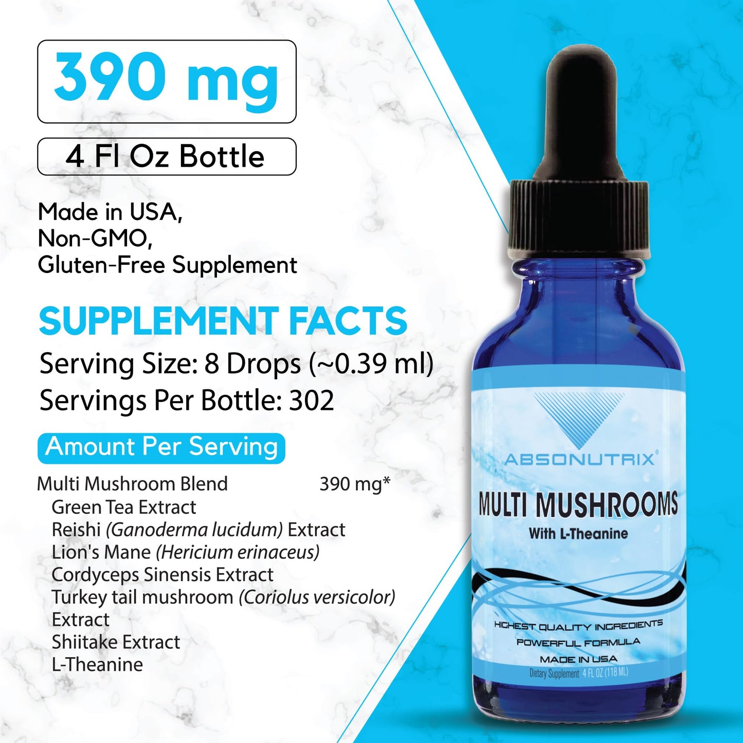 Absonutrix Multi Mushrooms l theanine Supplement, 390 mg, 4 Oz Liquid, 302 Servings, Made in USA, Quick Absorption, Quality Potent Ingredients, Non-GMO, GMP Certified Facility, Cruelty-Free Products
