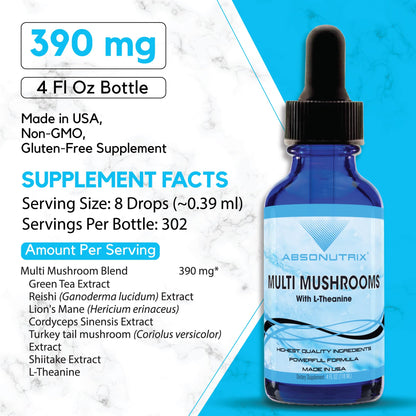 Absonutrix Multi Mushrooms l theanine Supplement, 390 mg, 4 Oz Liquid, 302 Servings, Made in USA, Quick Absorption, Quality Potent Ingredients, Non-GMO, GMP Certified Facility, Cruelty-Free Products