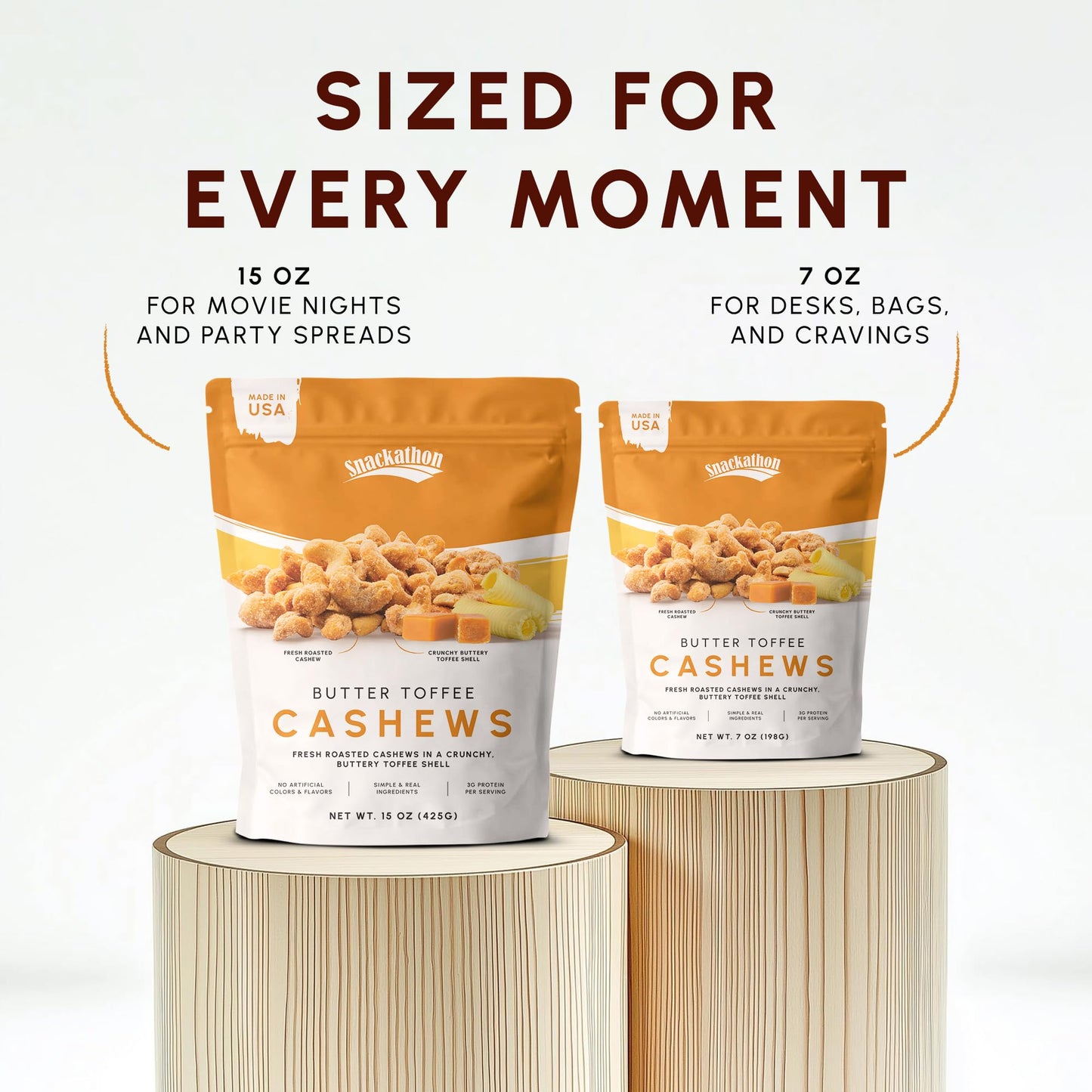 Snackathon Butter Toffee Cashews, 7 oz Resealable Bag, Made in USA, All-Natural Fresh Roasted Nuts Coated in a Crunchy Buttery Toffee Shell, Gourmet Sweet & Salty Snac