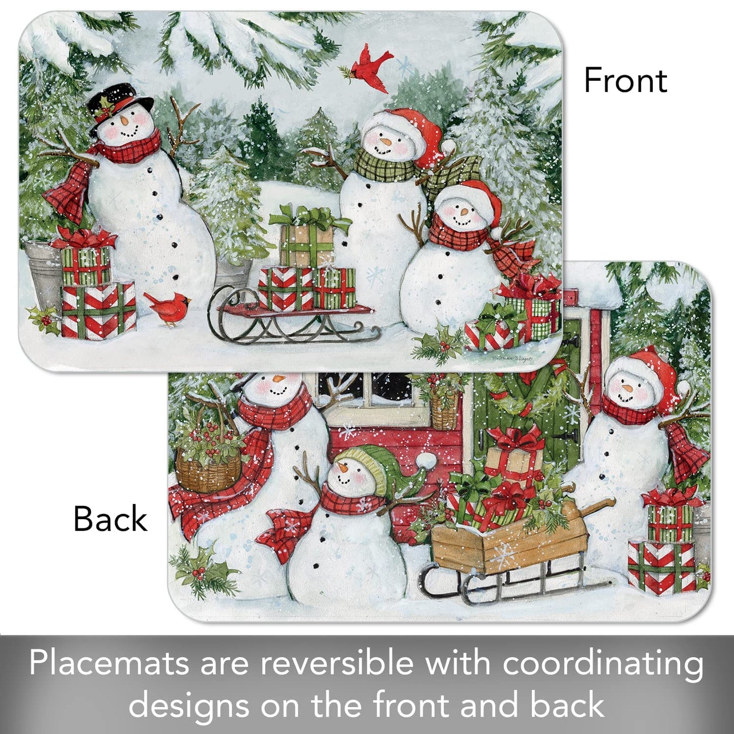 CounterArt Snowman's Farmhouse 4 Pack Reversible Easy Care Placemats Made in The USA BPA PVC Free Flexible Plastic Easily Wipes Clean