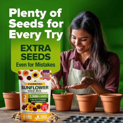 HOME GROWN Sunflower Seeds Mix Pack 1,500+ 9 Colorful Varieties of Sun Flower Seeds to Plant - 2-10ft Tall Plants, Pollinator Friendly 𝗡𝗢𝗡-𝗚𝗠𝗢 𝗨𝗦𝗔 – Easy to Grow, High Germination