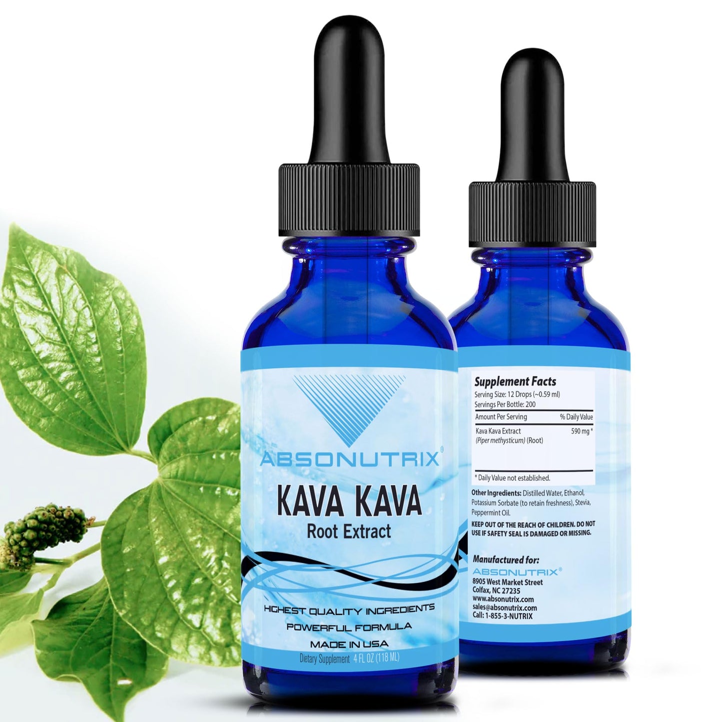 Absonutrix Kava Kava Root Extract Liquid Form 590 mg per serving 4 Oz, Made in USA, Quick Absorption, Quality Potent Ingredients, Non-GMO, GMP Certified Facility, Cruelty-Free Products