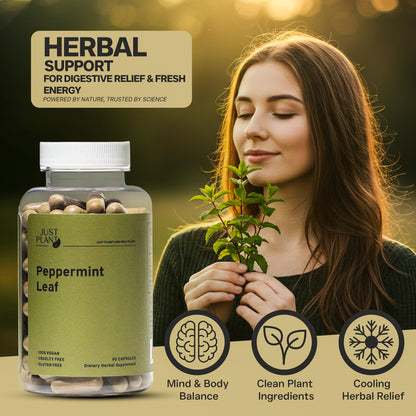 Vegan Peppermint Leaf Capsules 750mg, 90 Vegan Capsules | Gentle Digestive & Breath Support | Herbal Supplement | Organic, Gluten-Free