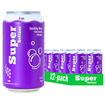 Super Seltzer Sparkling Water with Electrolytes and Vitamins, Grape Naturally Flavored, 12 Fl Oz, Pack of 12 cans