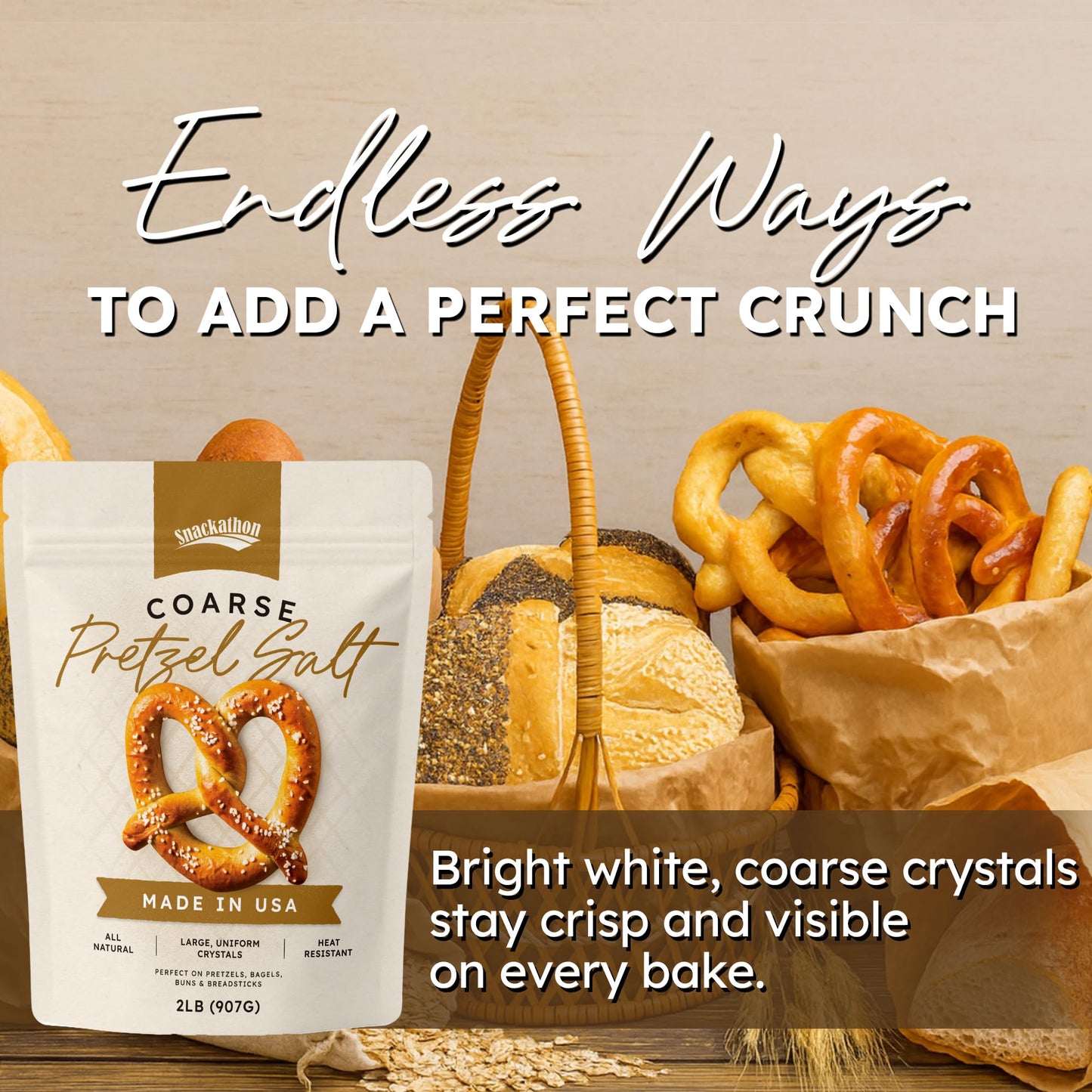 Snackathon Coarse Pretzel Salt, Heat Resistant Large Crystals, 5 oz Resealable Bag, Made in USA, All-Natural Topping for Soft Pretzels, Bagels & Breads
