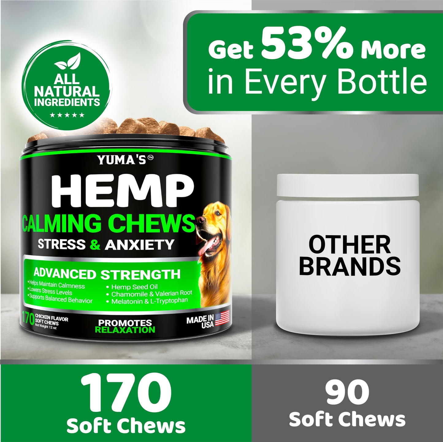 YUMA'S Hemp Calming Chews for Dogs - Advanced Dog Calming Chews - Anxiety Relief Treats - Separation Aid, Barking, Stress Relief, Thunderstorms - Melatonin - Hemp Oil - Made in USA