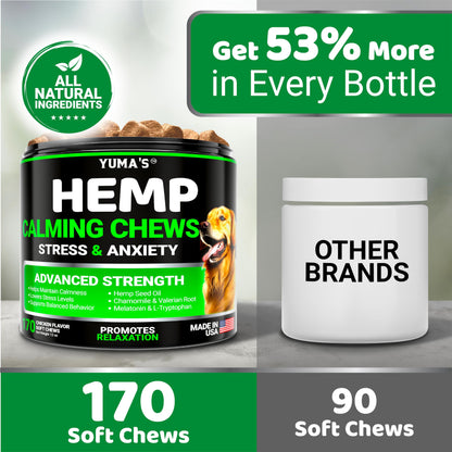 YUMA'S Hemp Calming Chews for Dogs - Advanced Dog Calming Chews - Anxiety Relief Treats - Separation Aid, Barking, Stress Relief, Thunderstorms - Melatonin - Hemp Oil - Made in USA