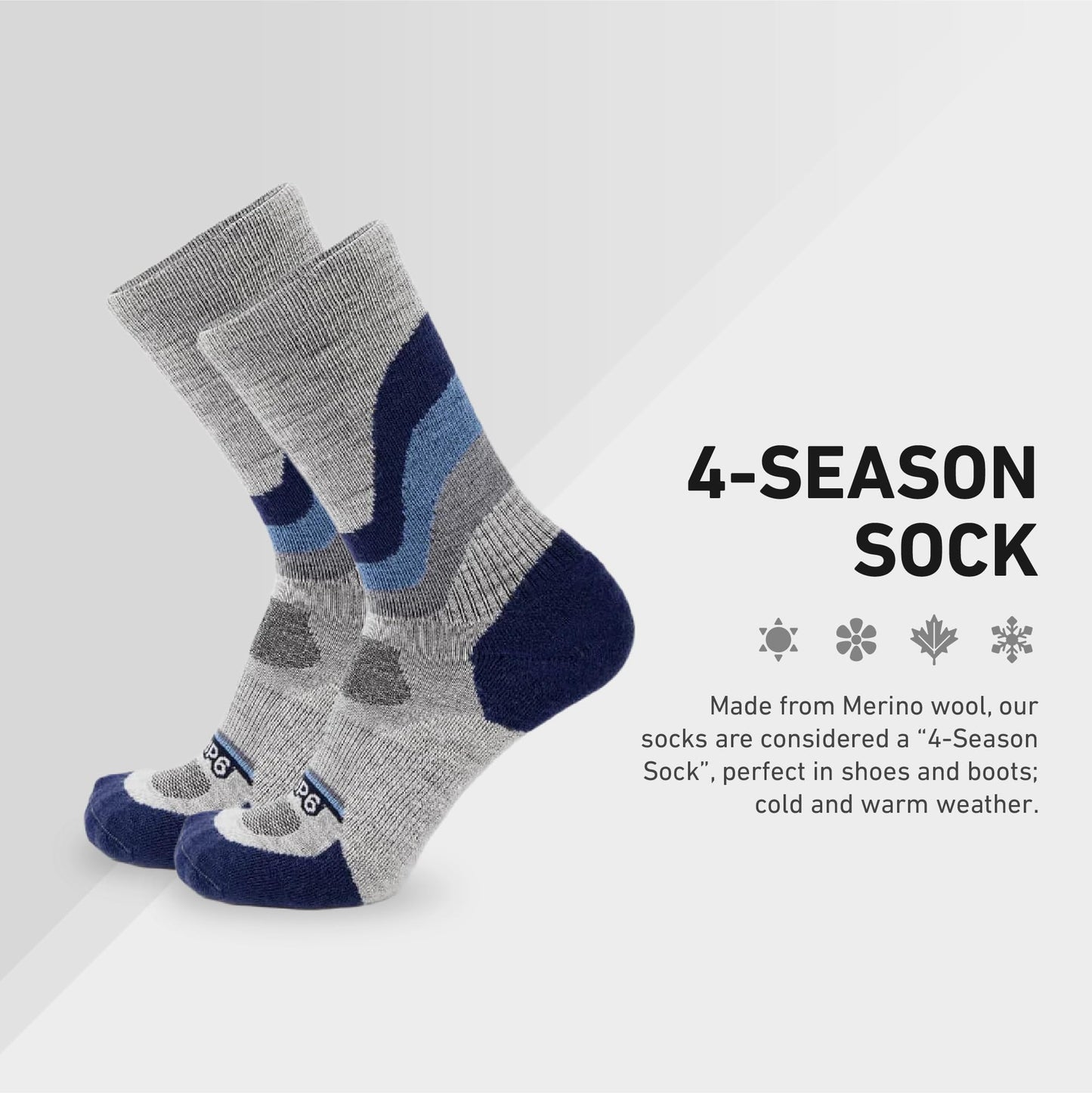 GRIP6 Crew Socks - Merino Wool Socks Made in the USA, Lightweight Wool Hiking Socks, Crew Socks for Men and Women - Cold Weather Gear