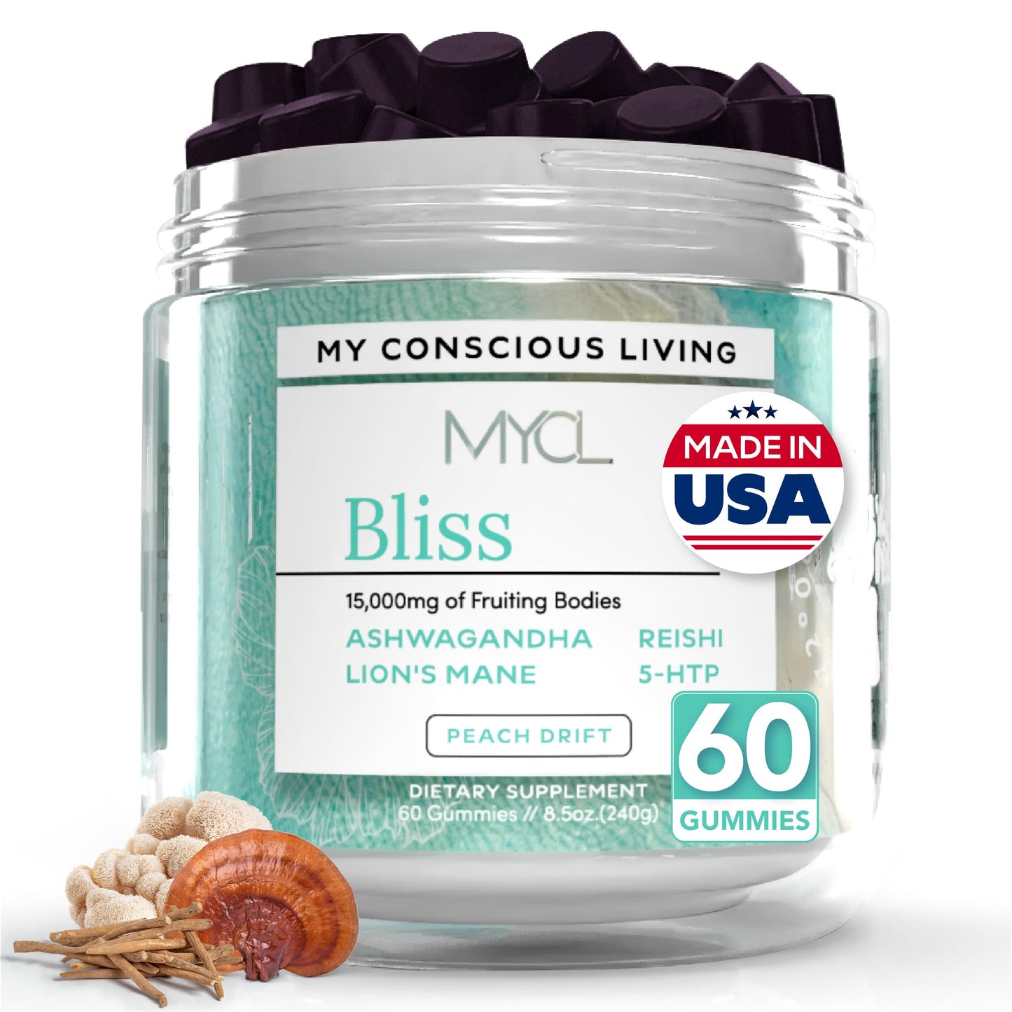 MYCL Bliss Mushroom Gummies | 500mg Ashwagandha, Reishi, Lion’s Mane, Lemon Balm & 5-HTP Whole Fruiting Body | Stress Relief, Relaxation & Mood Support | Vegan, Organic, Gluten-Free | 30 Servings
