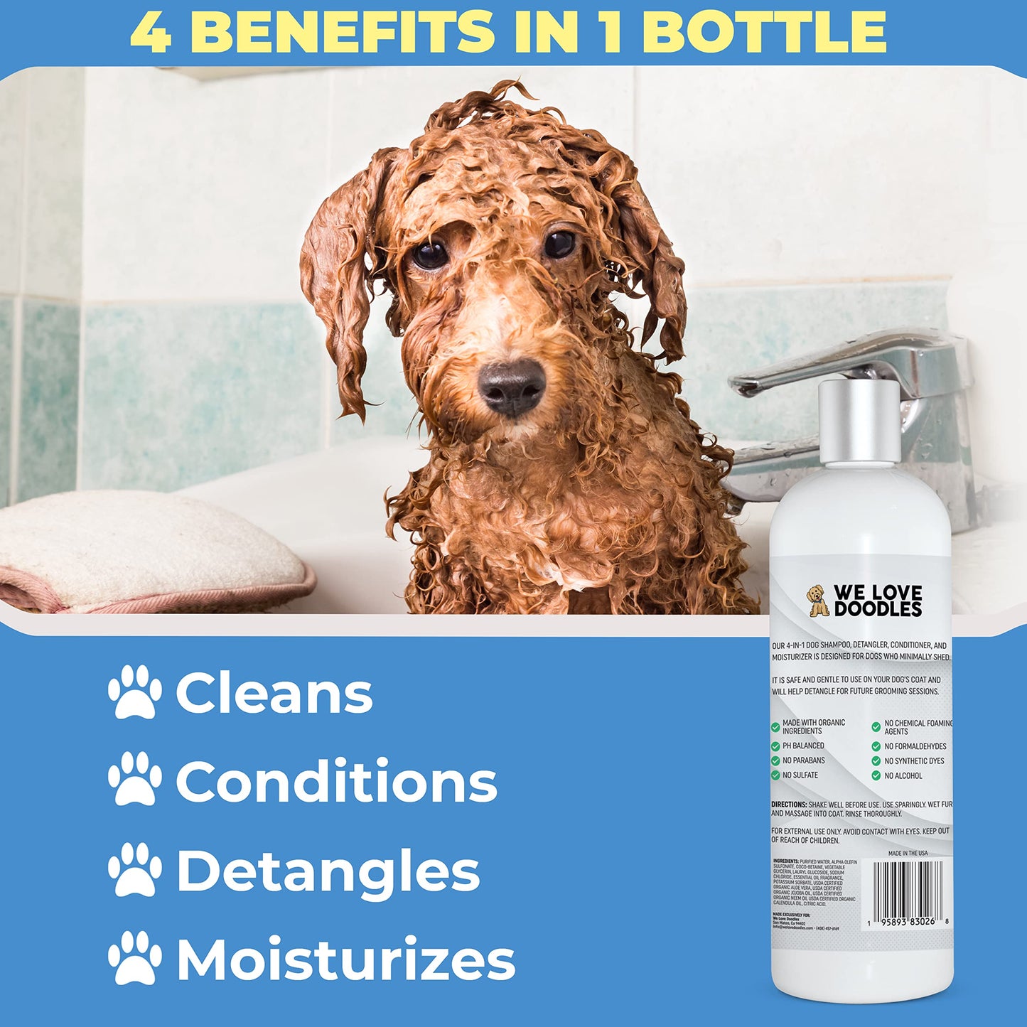 USDA Organic Dog Shampoo, Conditioner & Detangler - Best Shampoo for Goldendoodles, Poodles & Doodles - for Matted Pet Hair - Sensitive Skin Shampoo for Puppies - Made in The USA, 16OZ (Lavender)