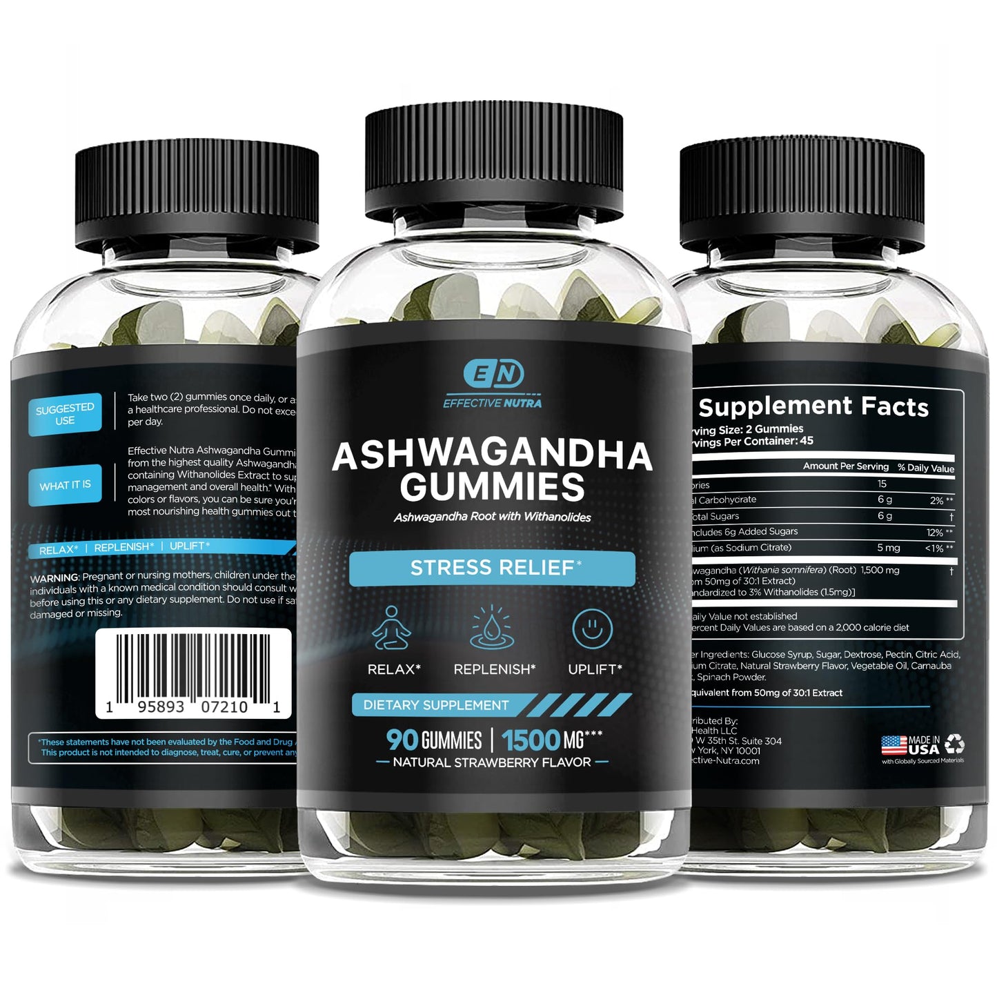 EFFECTIVE NUTRA Ashwagandha Gummies 1500mg | Stress Relief, Immune Support, Calm Mood, Energy | Natural Berry Flavor | 45-Day Supply | Vegan, Gluten-Free, Non-GMO | Supplement for Men & Women (90ct)