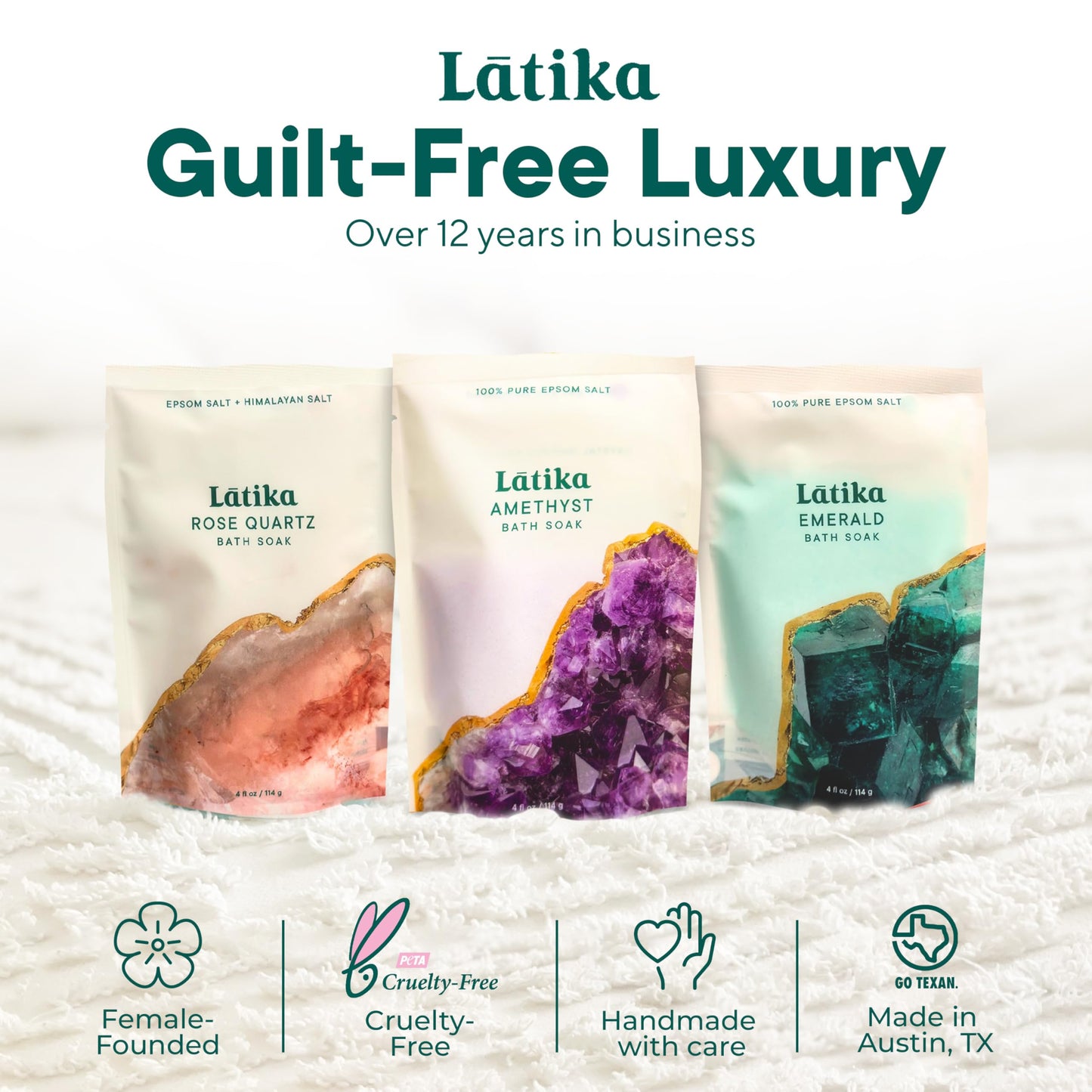 Latika Geode-Inspired Bath Soak Set of 3 - Amethyst, Rose Quartz & Emerald with Essential Oils & Epsom Salt - Sandalwood, Lavender, Sage & Eucalyptus for Stress Relief, Muscle Recovery & Skin Care
