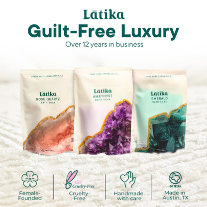 Latika Geode-Inspired Bath Soak Set of 3 - Amethyst, Rose Quartz & Emerald with Essential Oils & Epsom Salt - Sandalwood, Lavender, Sage & Eucalyptus for Stress Relief, Muscle Recovery & Skin Care
