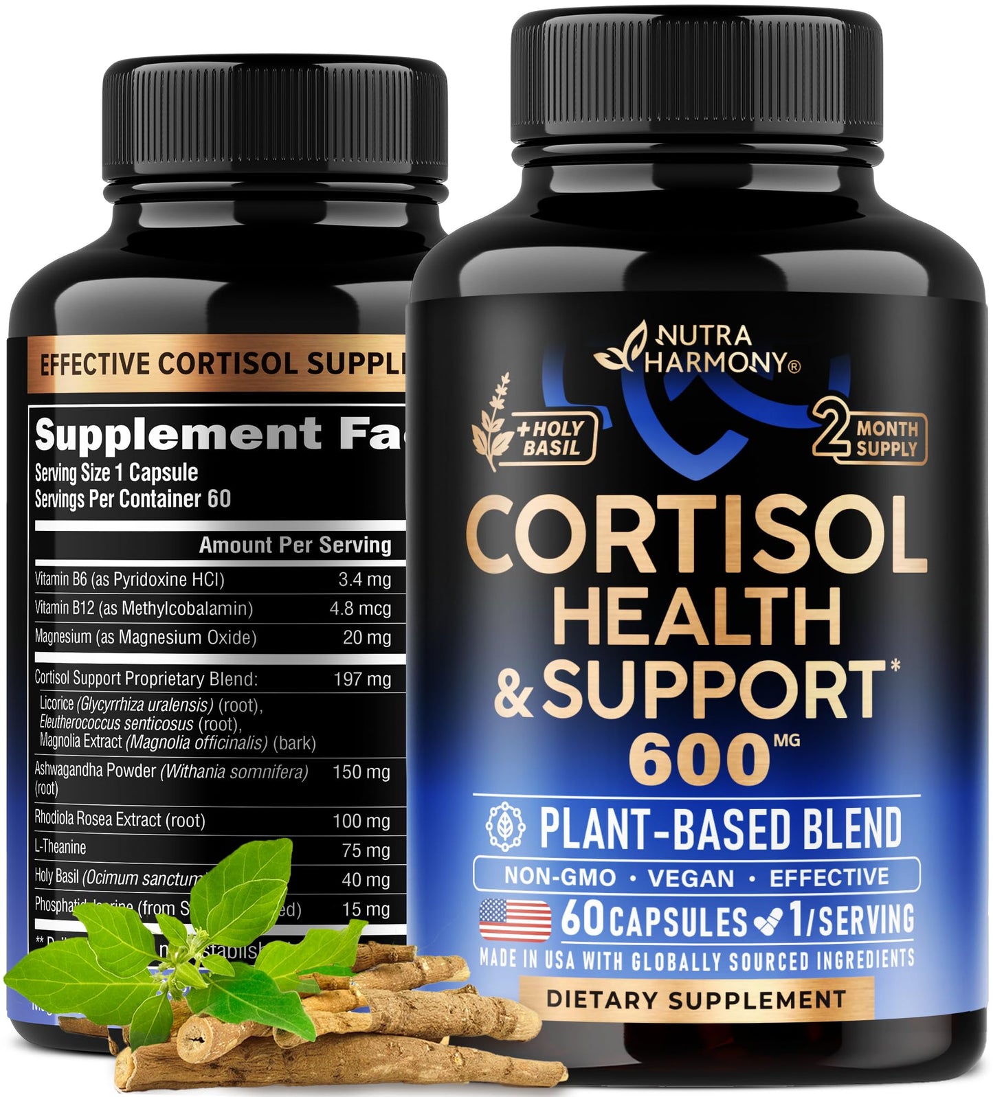 Cortisol Supplement for Women - Holy Basil | Ashwagandha | Rhodiola | L-Theanine - Plant-Based Hormone Balance - Mood, Focus & Sleep Support - Made in USA - Vegan, Non-GMO - 60 Capsules for 2 Months