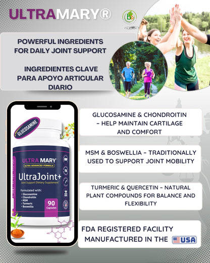 UltraMary+ Joint Support w/Glucosamine, Chondroitin, MSM, Turmeric & Boswellia – Mobility & Flexibility – 90 Capsules – Suplemento Articulaciones – Made in USA – Advanced Formula