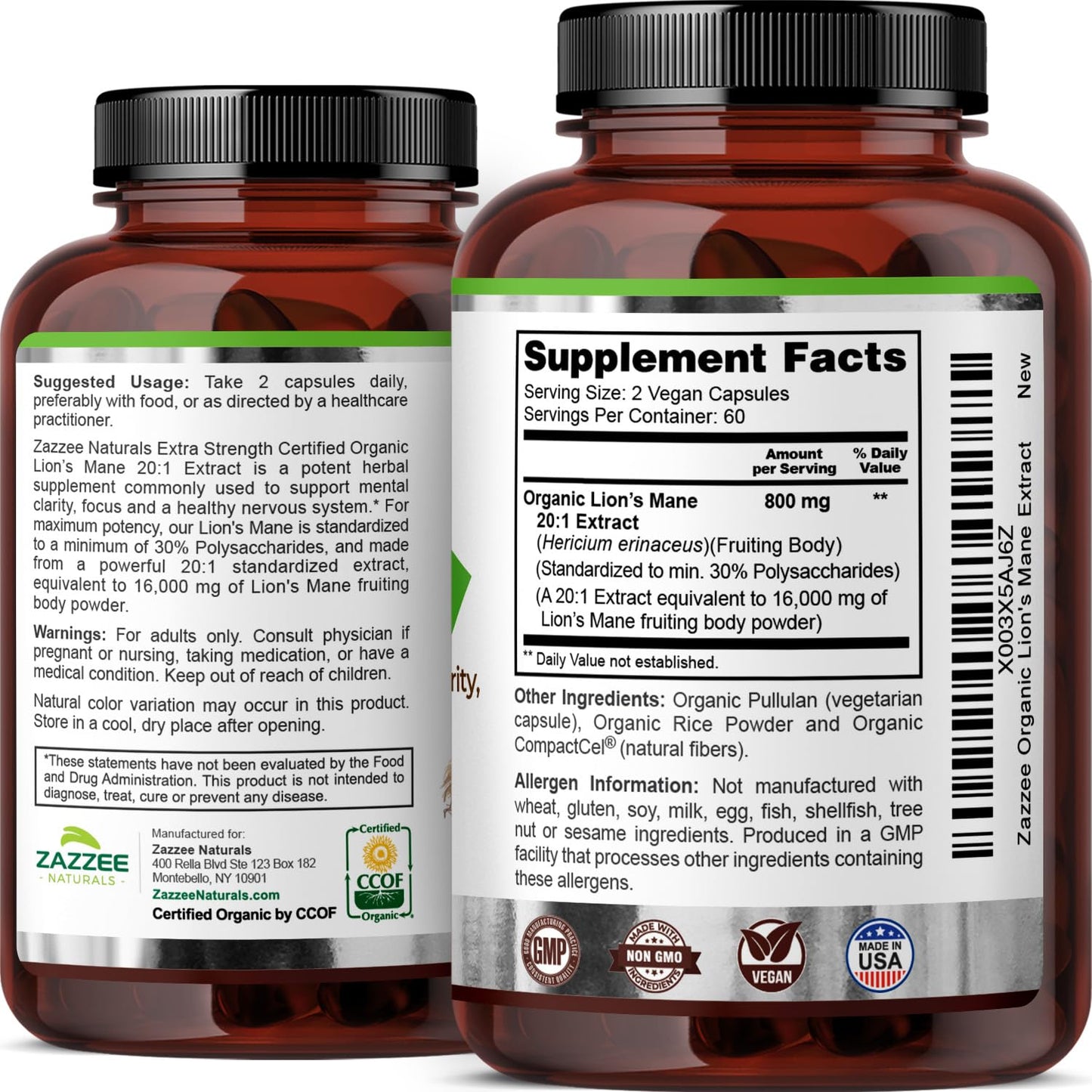 Zazzee USDA Organic Lion's Mane 20:1 Extract, 30% Polysaccharides, 16,000 mg Strength, 120 Vegan Capsules, Nootropic for Brain Health, Focus, Memory, Concentration and Immune Support, Made in The USA