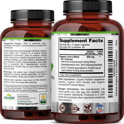 Zazzee USDA Organic Lion's Mane 20:1 Extract, 30% Polysaccharides, 16,000 mg Strength, 120 Vegan Capsules, Nootropic for Brain Health, Focus, Memory, Concentration and Immune Support, Made in The USA