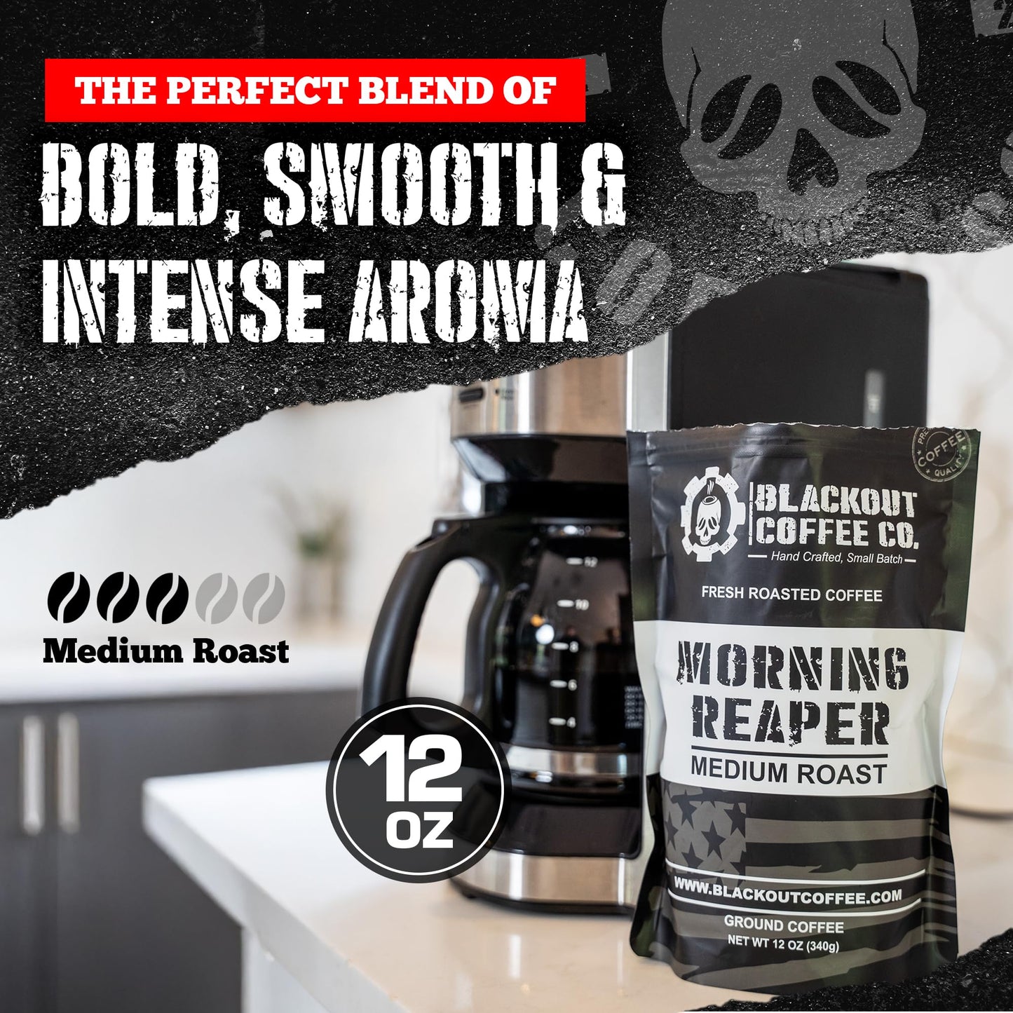 Blackout Coffee Morning Reaper Ground Coffee – Medium Roast, Bold & Strong Flavor – Freshly Roasted 12oz Bag, American Made