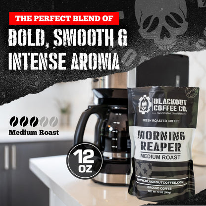Blackout Coffee Morning Reaper Ground Coffee – Medium Roast, Bold & Strong Flavor – Freshly Roasted 12oz Bag, American Made