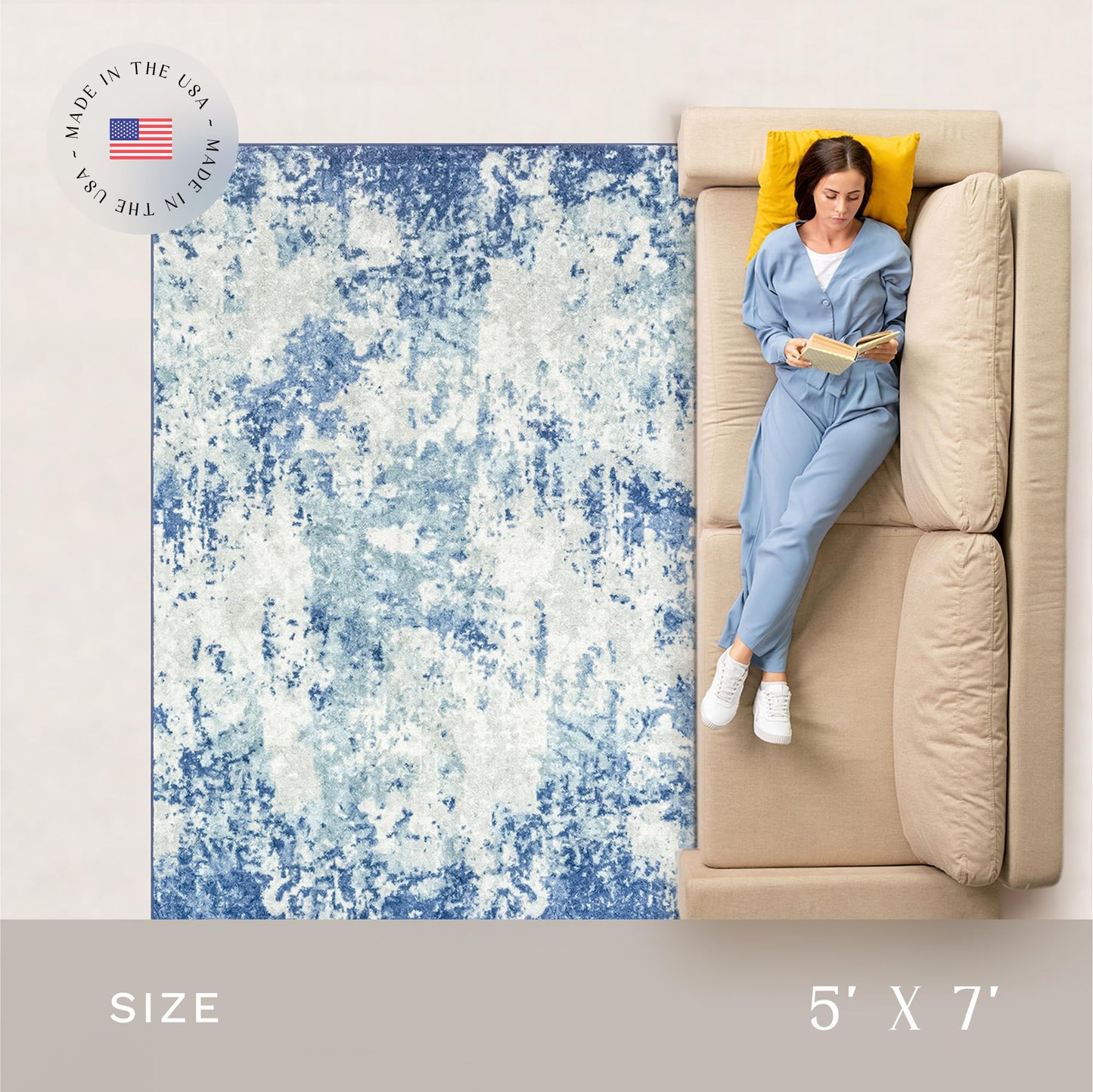 Maples Rugs Horizon Distressed Abstract Area Rug - Made in USA - Low Pile, Non Slip Pet-Friendly Mat for Bedroom, Office, Living & Dining Room, 5' x 7', Arctic Blue