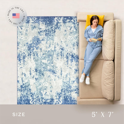 Maples Rugs Horizon Distressed Abstract Area Rug - Made in USA - Low Pile, Non Slip Pet-Friendly Mat for Bedroom, Office, Living & Dining Room, 5' x 7', Arctic Blue