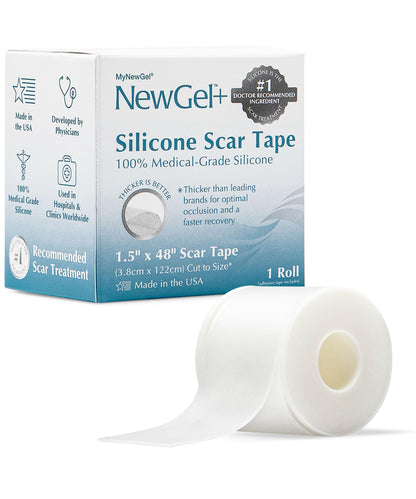 NewGel Plus Silicone Scar Tape Roll – 100% Medical-Grade Silicone Scar Sheets for Surgery, C-Section, Keloid & Acne Scars – Extra Thick 1mm Reusable Silicone Tape – Made in USA – 1.5” x 48”