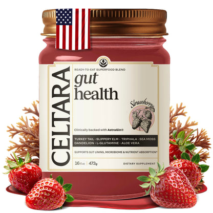 Celtara Gut Health Strawberry Wellness Blend from Astragalus & Panax Ginseng, Turkey Tail, Aloe & Slippery Elm, Sea Moss Gel, Ready-to-Eat, Made in USA, 16 fl oz (Pack of 1)