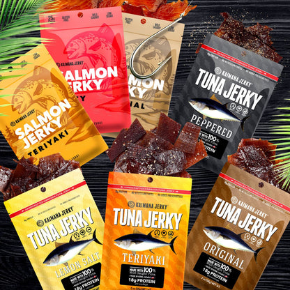 Kaimana Jerky Ahi Tuna & Salmon Sampler Pack - All Natural & Wild Caught Fish Jerky. Made in USA. 23g Protein, Omega-3's and Low Sugar