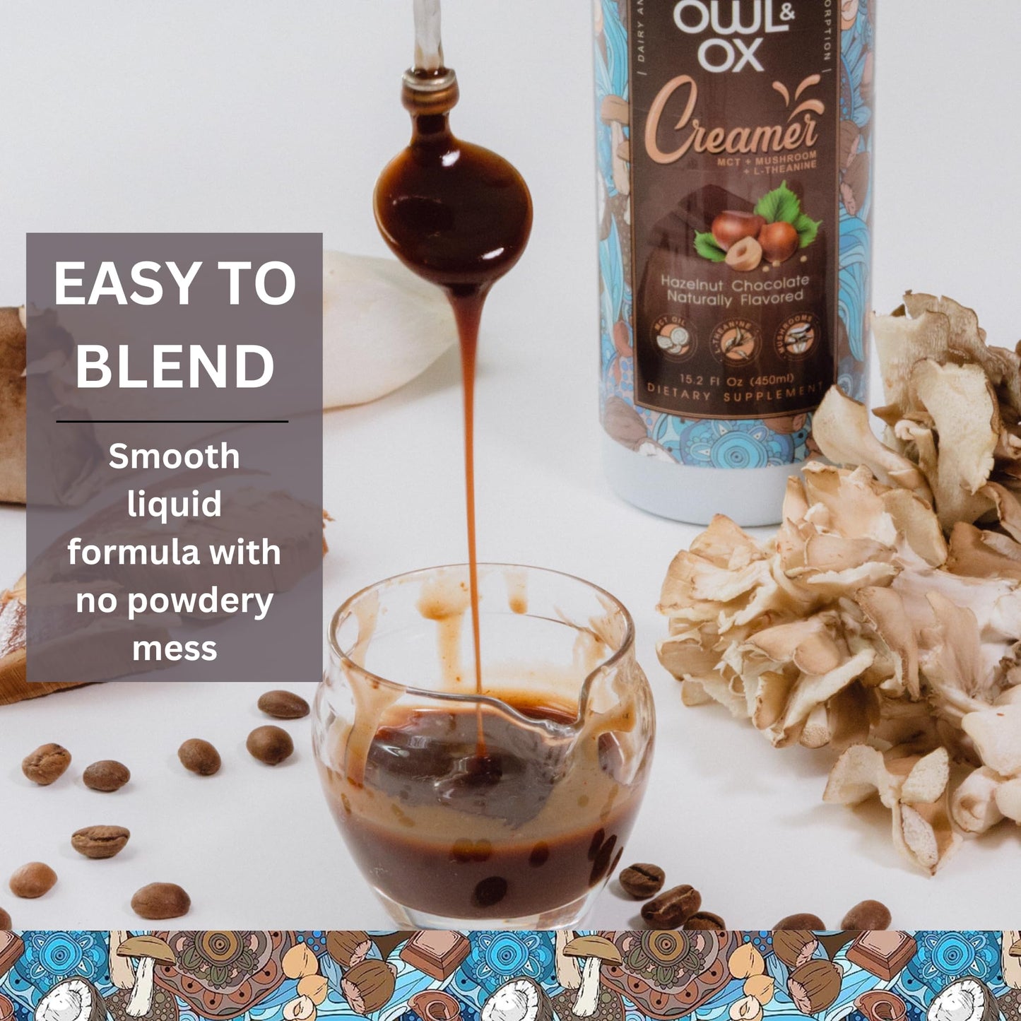 Mushroom Coffee Creamer with MCT Oil by Owl & Ox | L Theanine, Nootropic Superfood Blend, Vegan, Sugar Free, Dairy Free, Adaptogens, Plant Based & Keto Friendly, Hazelnut Chocolate Flavor, 30 Servings