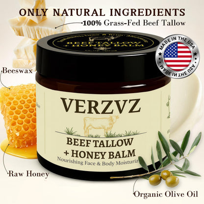 Beef Tallow for Skin and Face – Tallow and Honey Balm Moisturizer, 100% Grass-Fed Beef Tallow with Raw Organic Honey, Beeswax, Olive Oil & Vitamin E – Deep Hydration – Proudly Made in USA – 2oz